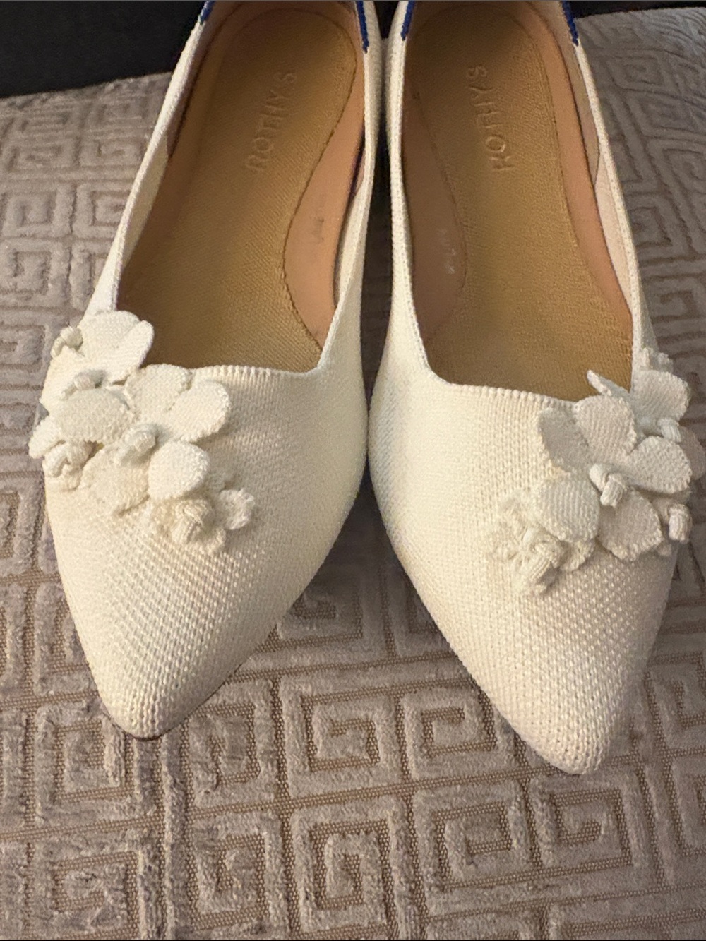 Rothy's White Floral Pointed-Toe Knit Flats with Blue Trim - Picture 3 of 11
